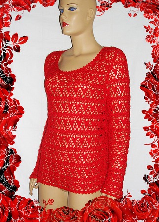 Вязаный ажурный свитер  "Красная роза-прекрасная" ручной работы на заказ