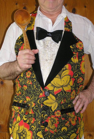 Фартук-пиджак мужской льняной "Хохлома"(пиджак с карманами, бабочка) ручной работы на заказ