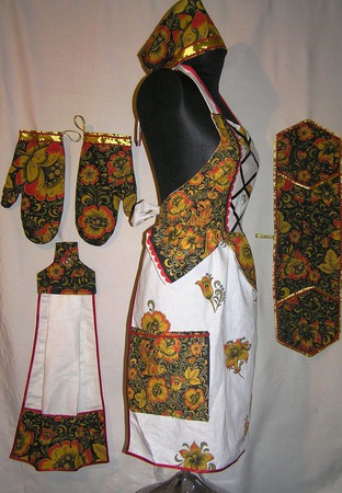 Фартук-пиджак мужской льняной "Хохлома"(пиджак с карманами, бабочка) ручной работы на заказ