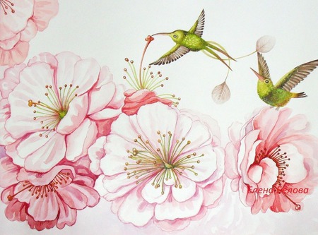 Картина "Колибри в цветущем саду" ручной работы на заказ