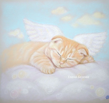 Картина Сны в облаках нежная в спальню рыжий кот ангел спящий голубой ручной работы на заказ