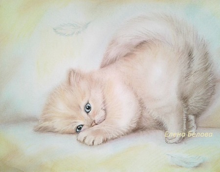 Картина " Как перышко..." )) кот в спальню пастель нежный бежевый ручной работы на заказ