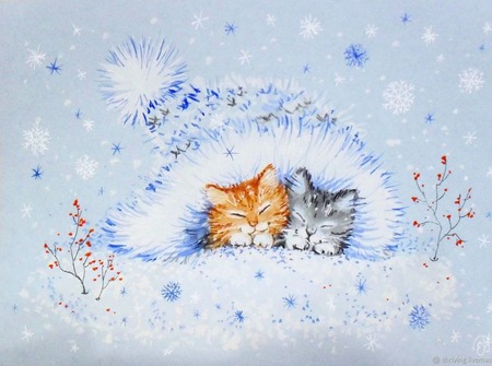 Картина с котятами "Уюта и тепла" Новый год  зима голубой белый ручной работы на заказ
