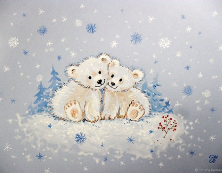 Картина с медвежатами "Уюта и тепла"  Новый год белый голубой зима ручной работы на заказ