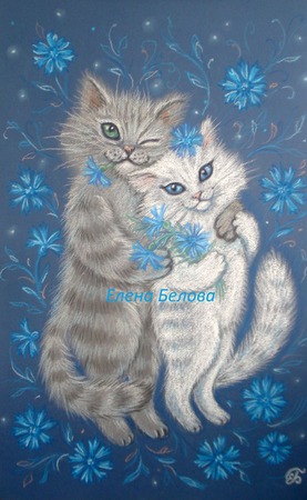 Картина Васильковая любовь с котами в спальню на свадьбу синий белый ручной работы на заказ