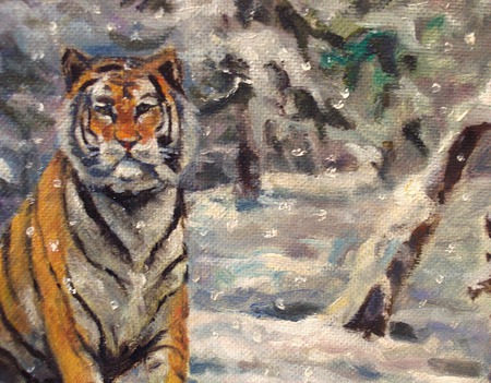 Тигр в снегопад. Масляная живопись. ручной работы на заказ