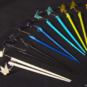 Шпильки-палочки с однотонными журавликами-оригами (большие)