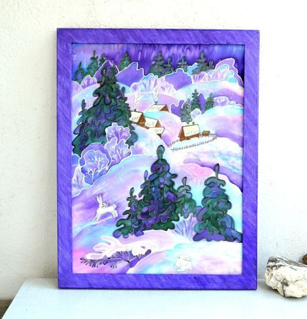 Картина шелковое батик панно "Заячьи тропы" натуральный шелк ручной работы на заказ