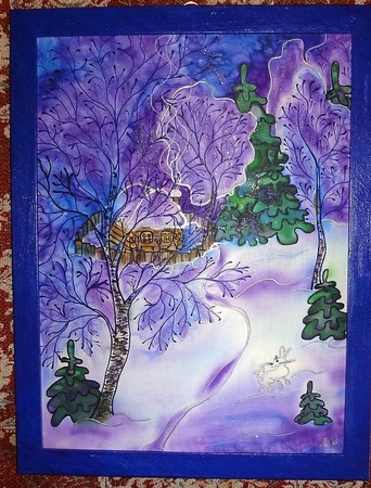 Картина панно батик Зимний вечер натуральный шелк, зимний пейзаж ручной работы на заказ