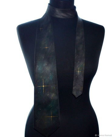 Серо коричневый космический галстук шёлковый  подарок мужчине, ручной работы на заказ