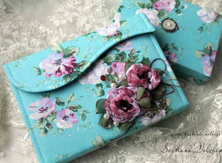 Комплект блокнот-клатч открытка в коробочке бирюзовый цветы ручной работы на заказ