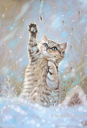 Картина с котом "Теплая снежинка" ручной работы на заказ