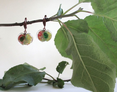 Комплект серьги кулон из декоративного стекла Яблочный спас. Фьюзинг ручной работы на заказ