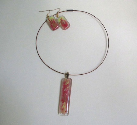 Комплект серьги кулон из стекла Фламенко. Фьюзинг ручной работы на заказ