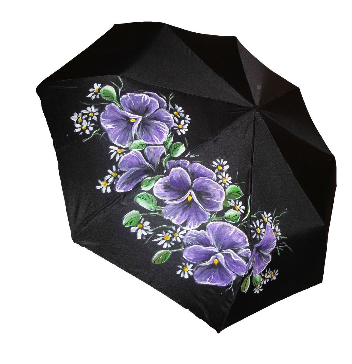 Мастер зонтиков. Зонт с анютиными глазками. Зонт с ручной росписью. Роспись зонта. Роспись черного зонта.