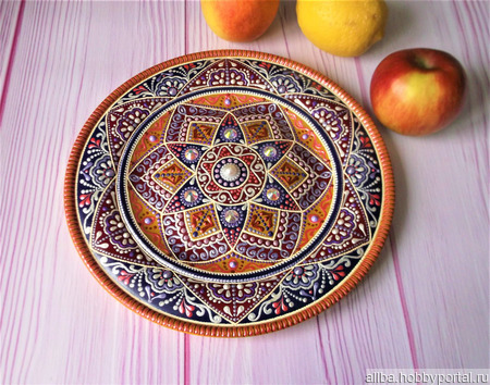 Тарелка декоративная деревянная "Восточный базар" точечная роспись ручной работы на заказ
