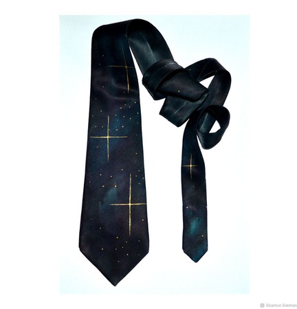 Галстук шёлковый черно изумрудный звёзды космос ручной работы на заказ