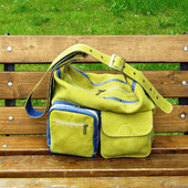Женская кожаная сумка "Ноктюрн" оливковая с голубым