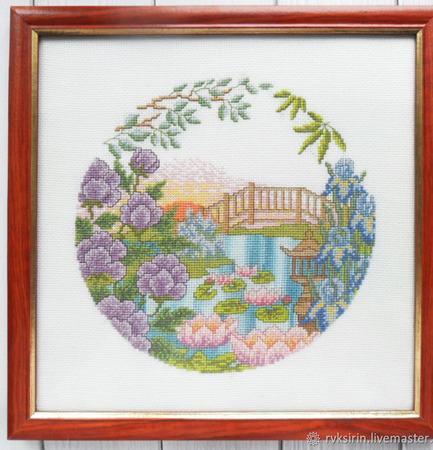 Картина "Китайский дворик" ручной вышивки крестом ручной работы на заказ