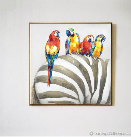 Картина "Попугаи и зебра" ручной работы на заказ
