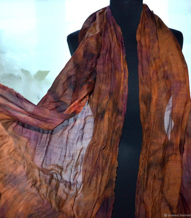 Шарф шерсть и шёлк коричнево-карамельный с фиолетовым ручной работы на заказ