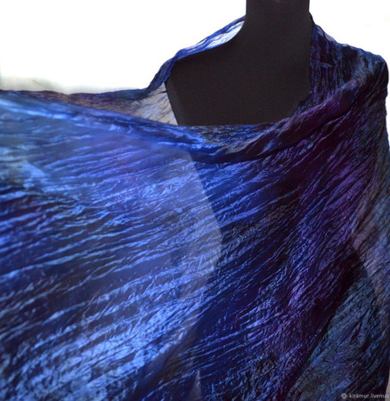 Шарф шёлковый черно-сине-фиолетовый длинный женский ручной работы на заказ