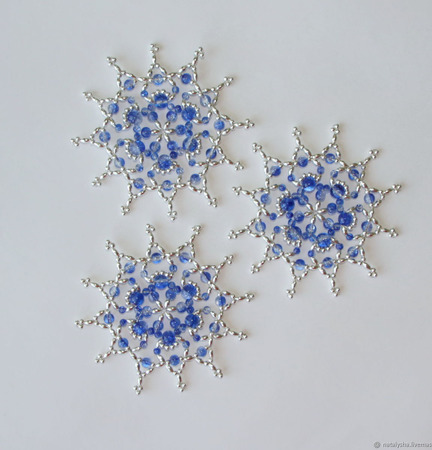 Серебристо-синие звёздочки-снежинки из бусин (набор из 3 шт.) ручной работы на заказ