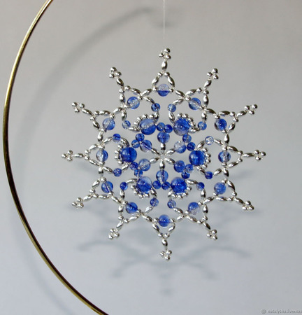 Серебристо-синие звёздочки-снежинки из бусин (набор из 3 шт.) ручной работы на заказ