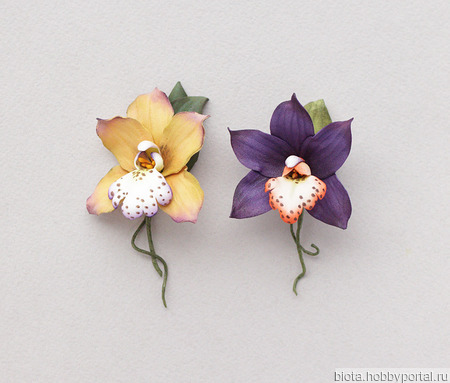Брошь орхидея цветок горчичный фиолетовый из фоамирана ручной работы на заказ