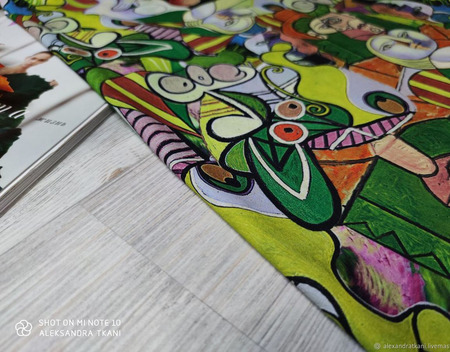 Ткань костюмная Макканик "Picasso зелёно-жёлтый" ручной работы на заказ