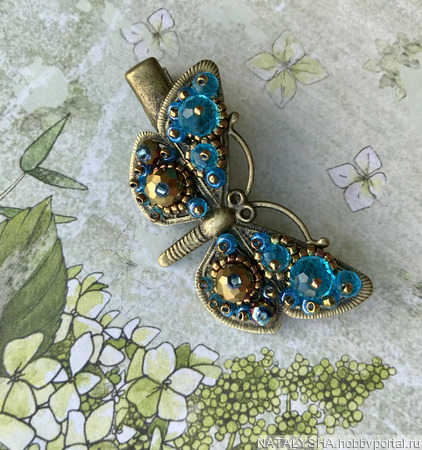 Заколка-зажим Бабочка (комбинированная, бронзово-голубая) ручной работы на заказ