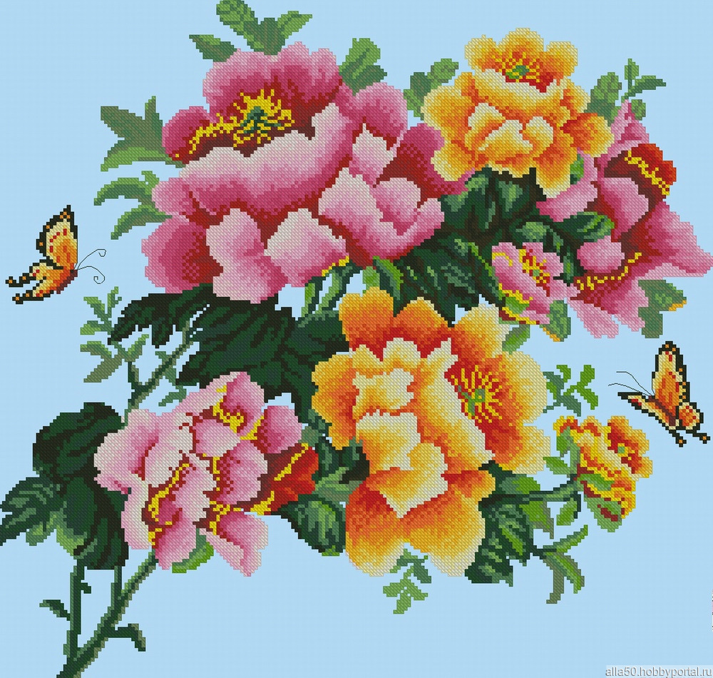 Китайские Пионы И Бабочки. Схема Вышивки Крестом – Купить В.