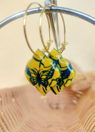 Серьги-кольца и кулон Бабочки желто-синий комплект украшений ручной работы на заказ