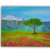 Картина горы маслом "Отдых на поле с маками", холст
